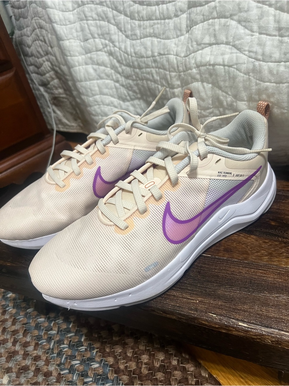 Nike Downshifter 12 Women's Athletic Sneakers - Cream with Purple Swoosh